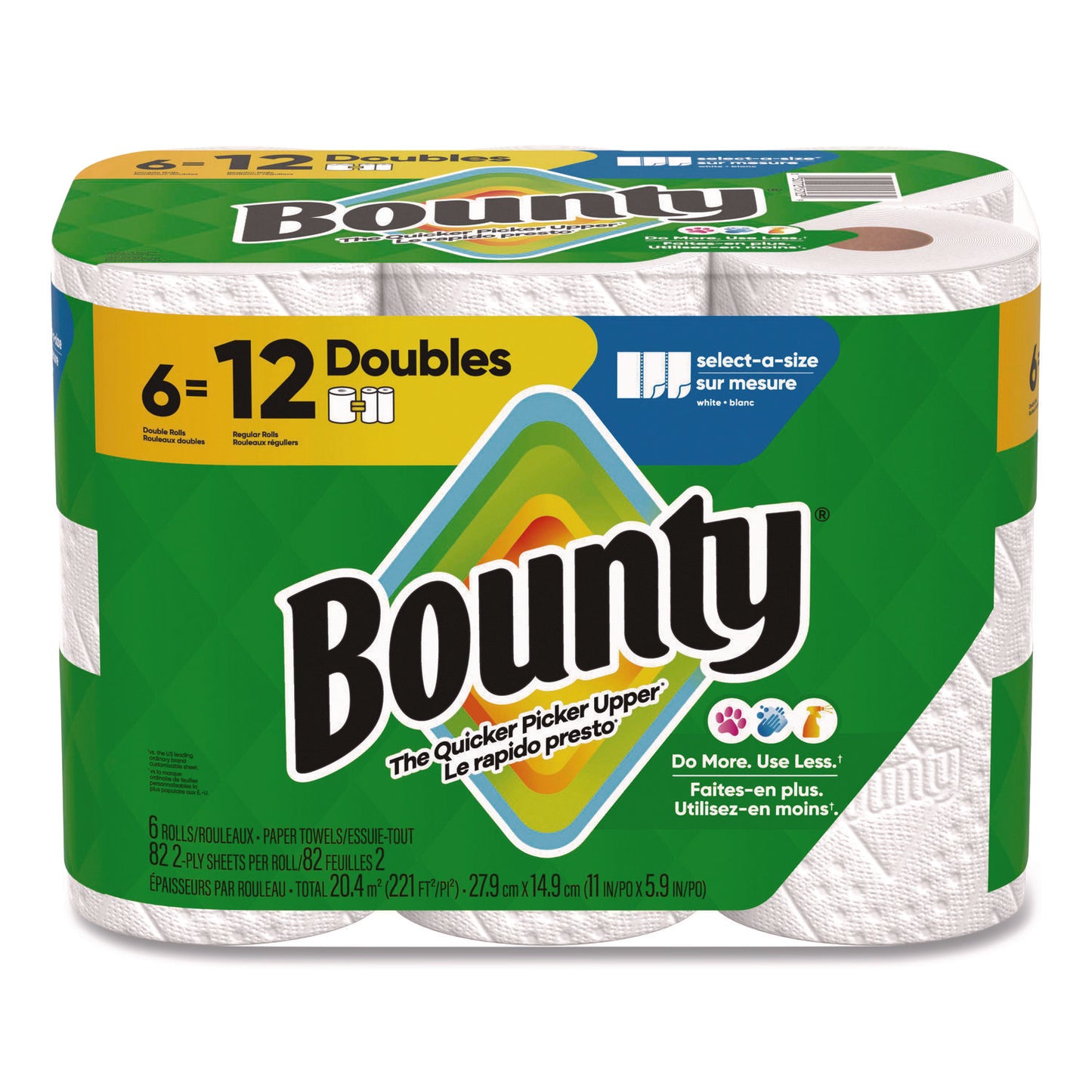 Pack of 6 Bounty Select-a-Size Kitchen Paper Towel Rolls, 2-Ply, 6 x 11, White, Double Size Rolls, 82 Sheets per Roll, Sold as 1 Pack Each