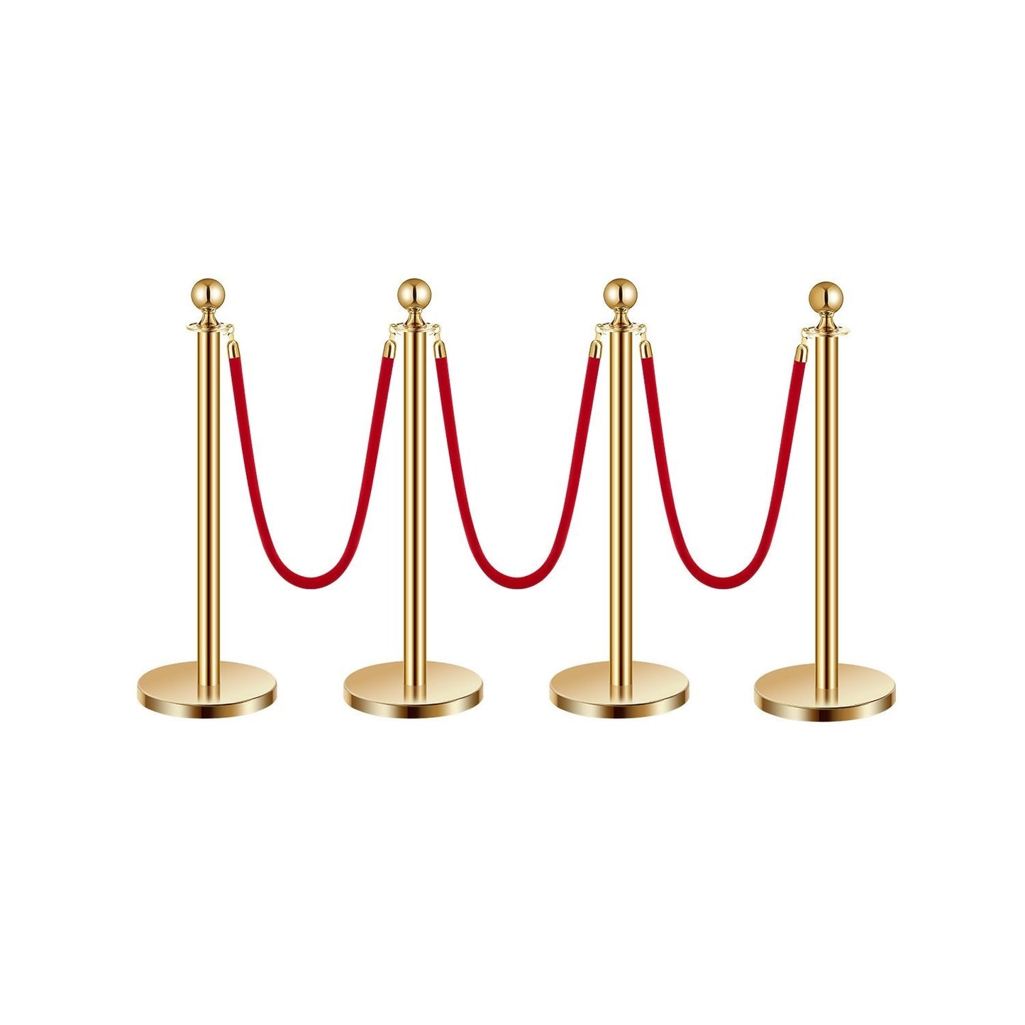 Stanchion Posts with Red Velvet Rope Set - Gold Crowd Control Barrier, 201 Stainless Steel Queue Poles with Sand-Fillable Base & 4-Way Connectors, for Wedding Event Party Museum Hotel, 4/6/8 Pcs