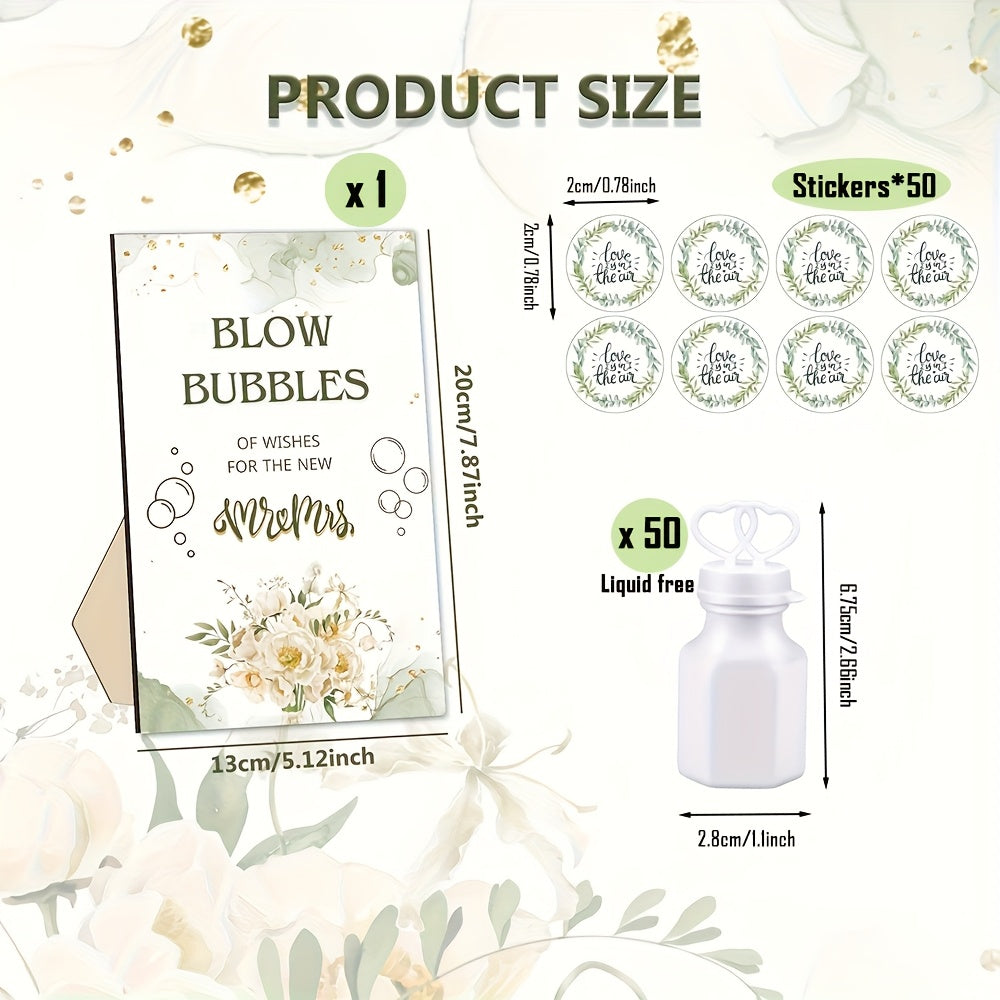 1 Set Wedding Bubble Bottle Party Favor Packs, Includes Wooden Blow Bubble Sign 50 Mini Bottles And 50 Stickers, Liquid Free for Weddings Showers Birthdays Graduation And Valentine's Day Gifts