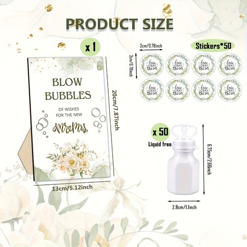 1 Set Wedding Bubble Bottle Party Favor Packs, Includes Wooden Blow Bubble Sign 50 Mini Bottles And 50 Stickers, Liquid Free for Weddings Showers Birthdays Graduation And Valentine's Day Gifts