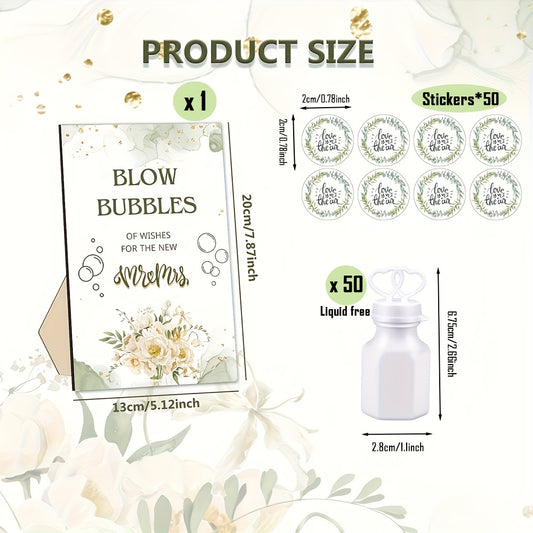 1 Set Wedding Bubble Bottle Party Favor Packs, Includes Wooden Blow Bubble Sign 50 Mini Bottles And 50 Stickers, Liquid Free for Weddings Showers Birthdays Graduation And Valentine's Day Gifts