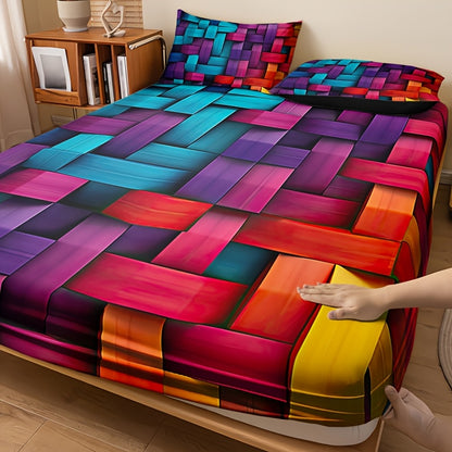 3pcs Cool Technology Digital Printing Material Plaid Fitted Sheet(1pc Bed Sheet+2pcs Pillowcase No Filling)Deep Pocket In 15 Inch At Home Dormitory Suitable for All Seasons Mattress Protector