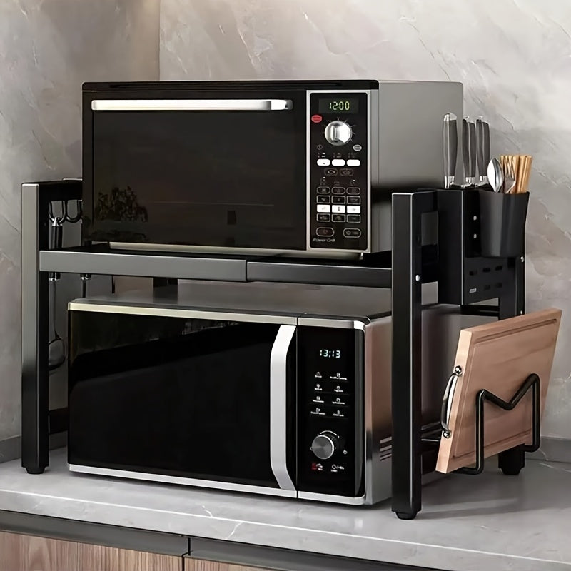 1 Space-Saving Black Metal Kitchen Storage Rack with Extendable Shelves - Multi-Functional Organizer for Microwave, Electric Cooker, Spices, Bowls, Chopsticks, And Cups - Durable, Strong Load-Bearing, Microwave Rack, Practical Shelf