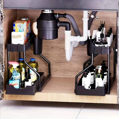 1pc Under Sink Organizer, 2 Tier Sliding Cabinet Basket Organizer With Hooks, Multifunctional Under Sink Organizer For Bathroom Kitchen, Shelves