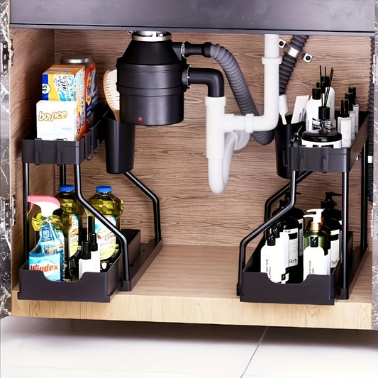 1pc Under Sink Organizer, 2 Tier Sliding Cabinet Basket Organizer With Hooks, Multifunctional Under Sink Organizer For Bathroom Kitchen, Shelves