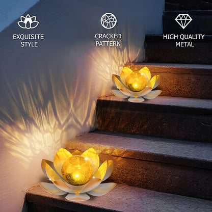 Solar Lotus Garden Lights 2-Pack – Rustic Iron Outdoor Stake Light with Cracked Glass Globe, IPX4 Waterproof Solar Powered Yard Lawn Patio Pool Decor, Warm Glow Landscape Lighting Gift