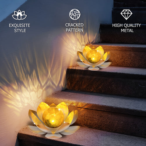 Solar Lotus Garden Lights 2-Pack – Rustic Iron Outdoor Stake Light with Cracked Glass Globe, IPX4 Waterproof Solar Powered Yard Lawn Patio Pool Decor, Warm Glow Landscape Lighting Gift