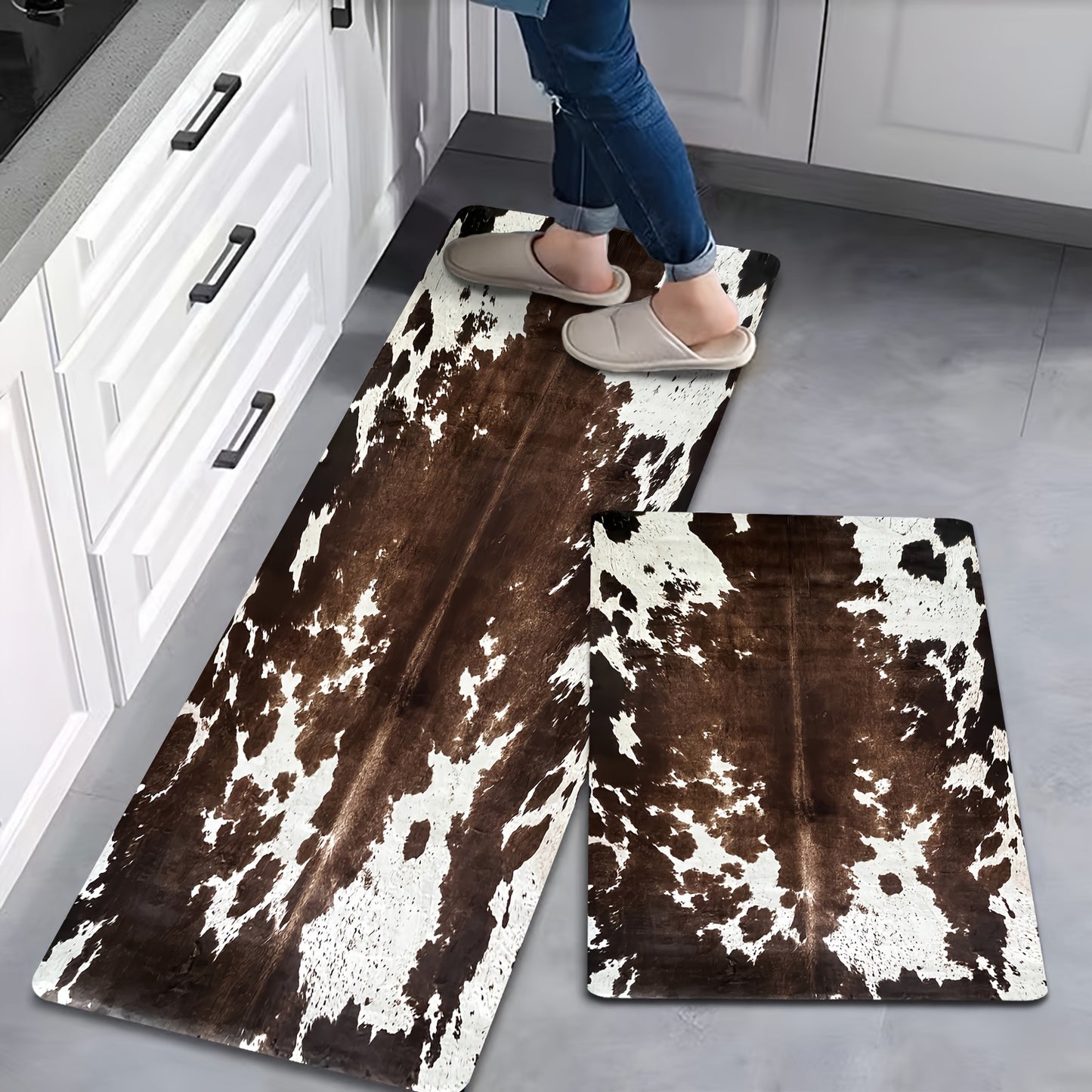 2pcs Cowhide Patterned Kitchen Mats, Memory Sponge Anti Fatigue Floor Mats, Unique Animal Skin Patterned Carpets, Anti Slip And Foot Mats, Quick Drying Carpets, Kitchen Hallway Bathroom Laundry Room Decoration, Home Decor Gifts