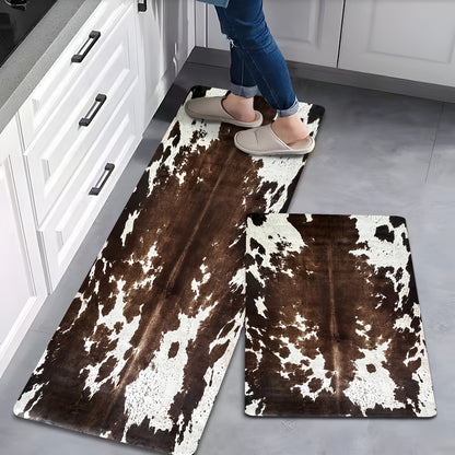 2pcs Cowhide Patterned Kitchen Mats, Memory Sponge Anti Fatigue Floor Mats, Unique Animal Skin Patterned Carpets, Anti Slip And Foot Mats, Quick Drying Carpets, Kitchen Hallway Bathroom Laundry Room Decoration, Home Decor Gifts