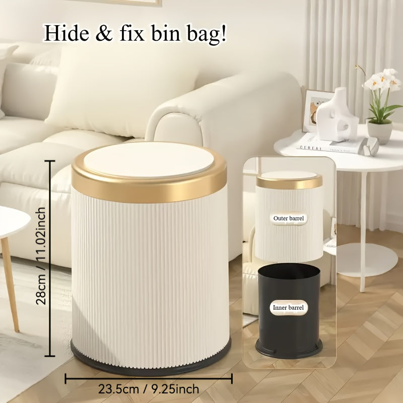 1pc 3.17gal Elegant Large Capacity Push-Top Waste Bin, Double Inner Bins, Odor-Resistant Oval Rubbish Container, Contemporary Plastic Trash Can for Kitchen, Bedroom, Living Room, Bathroom, Holiday Gifts, Halloween Presents