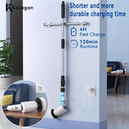 1pc 7-In-1 Motorized Rotary Cleaning Brush, Upgraded Cordless Cleaning Brush with 7 Interchangeable Cleaning Heads And 3 Rotary Speeds, Scrubber with Adjustable Extension Arm, Shower Scrubber with Power Display for Cleaning Bathrooms