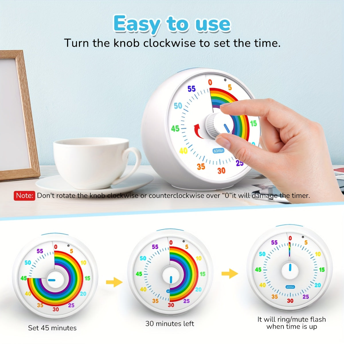 Visual Timer, 60 Minute Countdown In Classroom, Office, Kitchen, Desktop Timer Time ManaSynthetic Gemstoneent Tool, Silent Operation, Tomato Timer Rainbow Pattern Purple