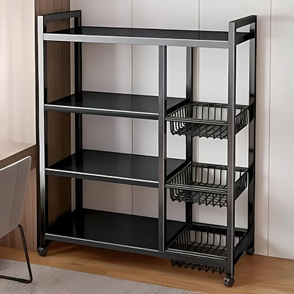 1pc Movable Storage Rack, Adjustable 4-storey Kitchen Shelf With 3 Wire Baskets, Kitchen Organizer And Storage, Metal Shelf Rack With Wheels, Suitable For Garage, Pantry, Bathroom, Closet, Warm House Gift, New Home, Standing Shelf