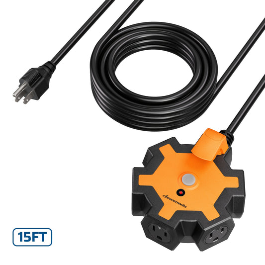 DEWENWILS 1Pack/ 2Pack Industrial Power Strip, 5-Outlet Hub with 15ft Heavy Duty Extension Cord (14/3 AWG SJTW), 15A Circuit Breaker, Swivel Safety Covers for Garage Workshop