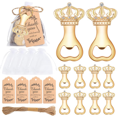 Crown Bottle Opener Wedding Favors 10 Sets 31pcs - Rose Gold Party Gift for Guests with Organza Bag Thank You Tag Twine for Bridal Shower Birthday Baby Shower Bar Kitchen