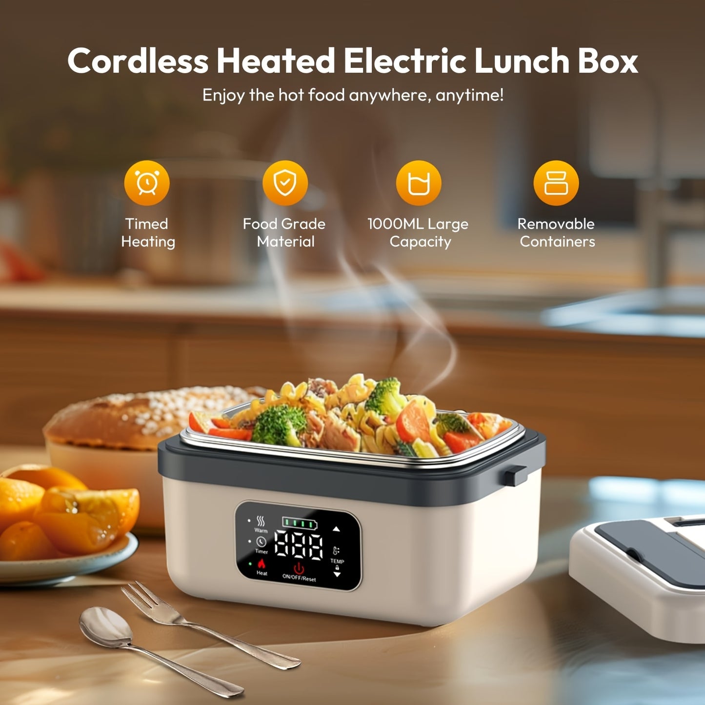 Adults Lunch Box, 8000Mah Battery Powered, 60W 1 Liter Portable Timer Automatic Heating Food Warmer, Portable Food Heater for Home/Car/Office/Truck, Portable Lunch Box