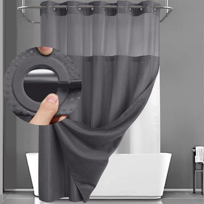 Hookless Shower Curtain with Snap Liner 74x71 Inch - Waffle Texture Double Layer with See-Through Window Waterproof Washable Hotel Quality Bathroom Curtain Set | Grey White Matcha Black | Home Decor Gift