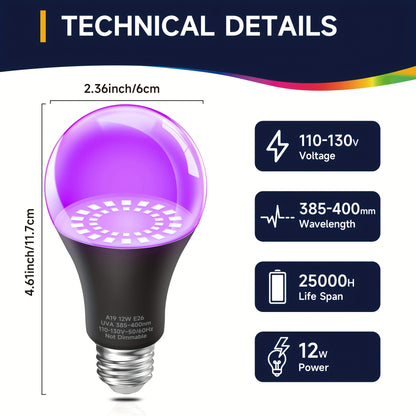 2/4/6pcs Black Light Bulbs, 12W LED Black Light Bulb for Christmas Decoration, UVA 385-400nm UV Black Light, Glow In The Dark for Body Pain, Blacklights Party, Halloween