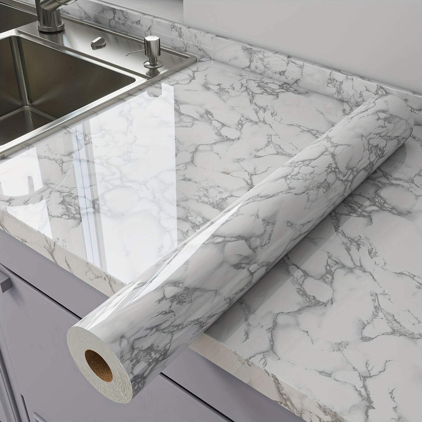 1Roll Peel And Stick Glossy Marble Pattern Wallpaper - Waterproof, Oil-Resistant, Wall And Table Self-Adhesive Stickers - Easy to Install And Home Decor for Kitchen Backsplash, Kitchen Countertop