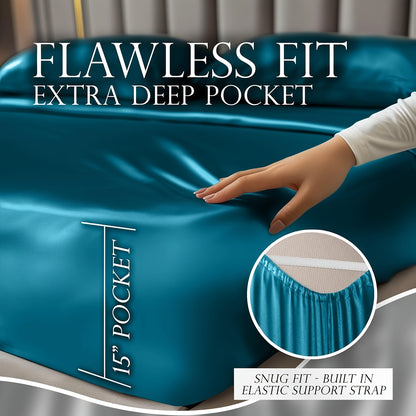 Satin Sheets Set 4pcs - Luxury Black Bedding with Smooth And Soft Microfiber And 15Inch Deep Pocket - Good for Hair And Skin And Child- Double Stitching, Wrinkle Free