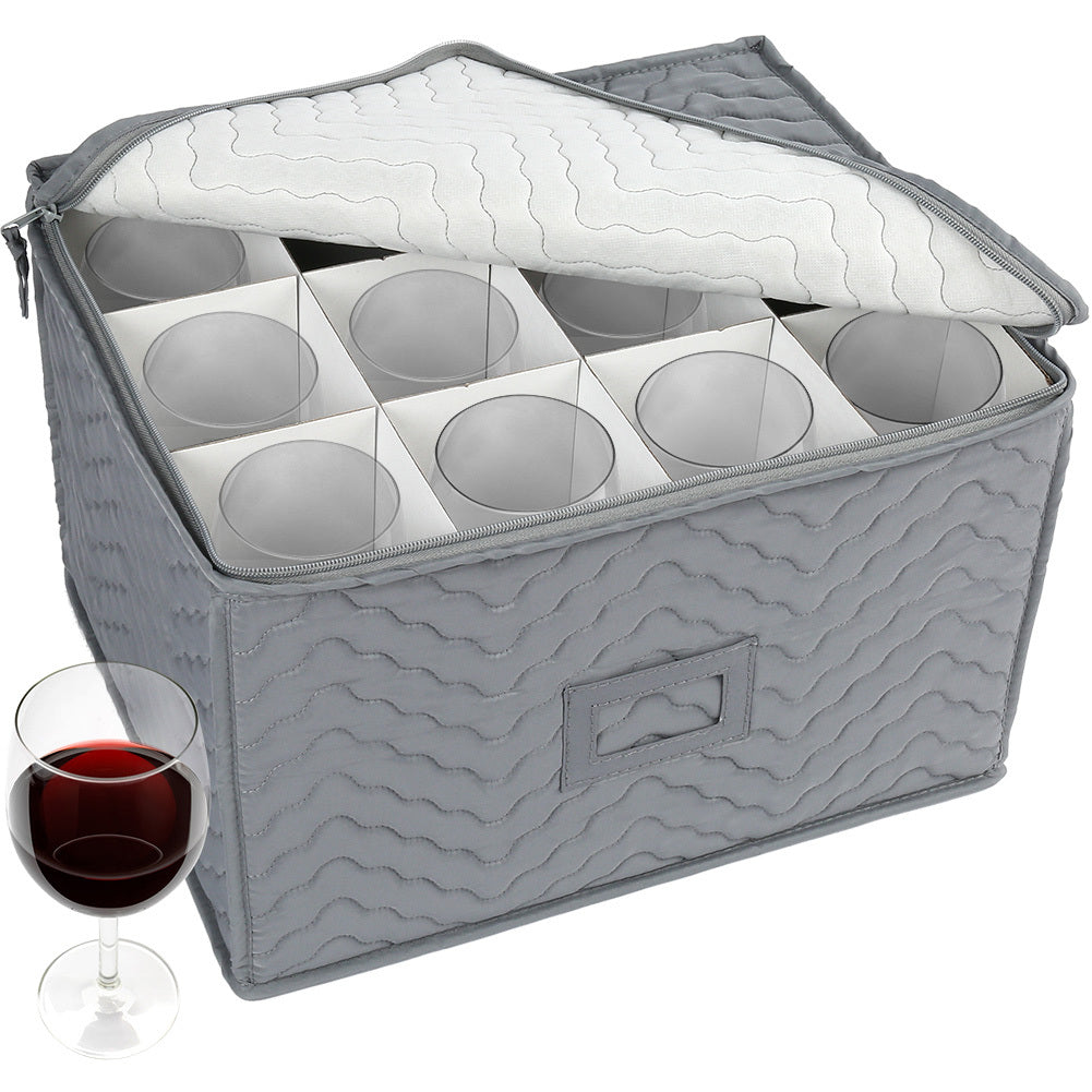 Stemware Storage Container - Deluxe Quilted Storage Case with Dividers for 12 - Wine Glasses, Champagne Flutes, Glassware, Drinkware Storage Box Chest, 15.5"x12.5"x 10", Gray