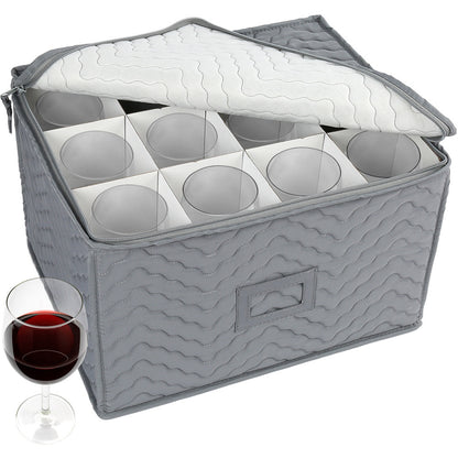 Stemware Storage Container - Deluxe Quilted Storage Case with Dividers for 12 - Wine Glasses, Champagne Flutes, Glassware, Drinkware Storage Box Chest, 15.5"x12.5"x 10", Gray