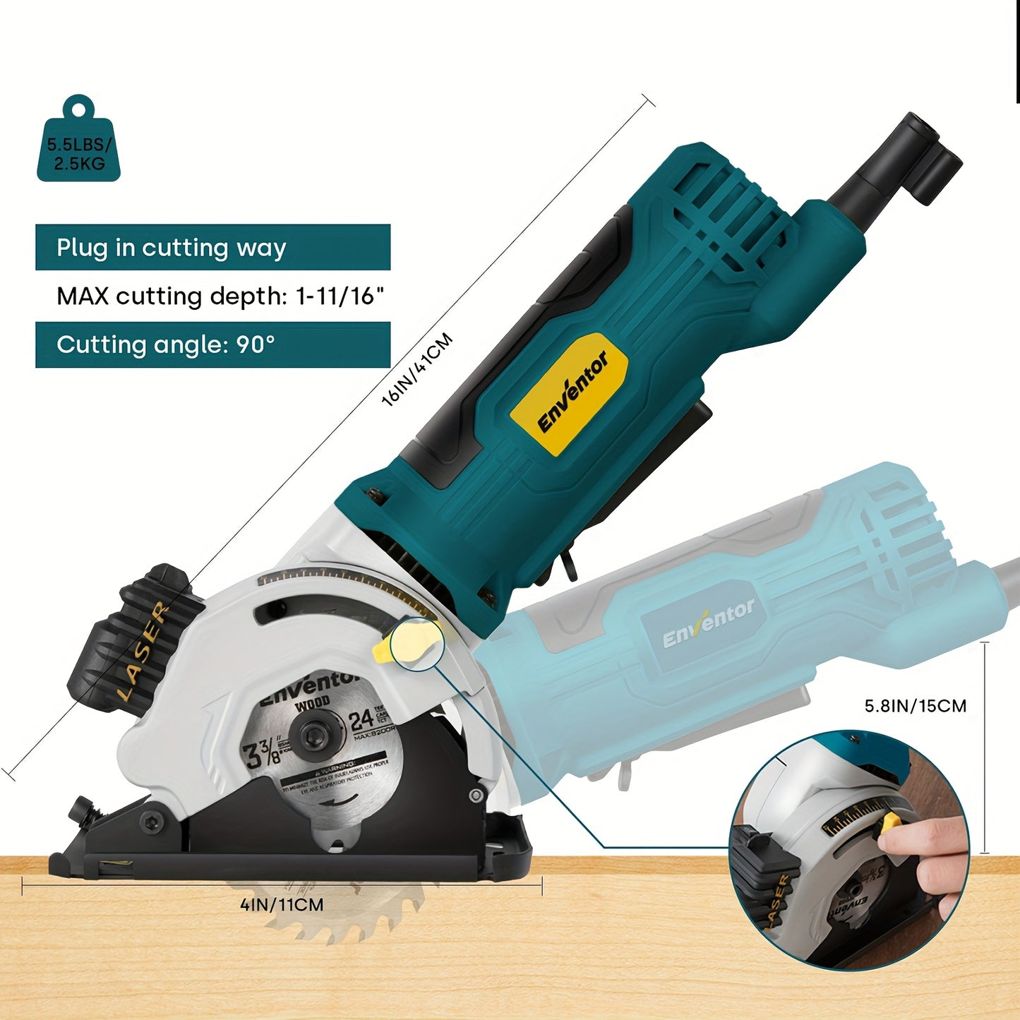 ENVENTOR Mini Circular Saw, 4.8A Electric Circular Saw Corded with Laser Guide, 4000RPM, 3 Saw Blades 3-3/8" Max Cutting Depth 1-1/16", Compact Hand Saw for Wood, Soft Metal, Tile, Plastic Cuts