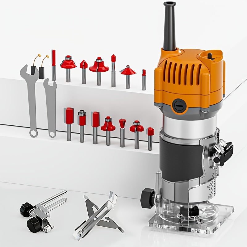 HANWISE Wood Router, 6.1Amp 800W Wood Routers For Woodworking, Hand Wood Router Tool, 35000R/MIN Compact Edge Trimmer With 15 1/4" Router Bit Set Slotting And Carving, Guide Accessories And Wrenches, Suitable For, Carving And Edge Treatment
