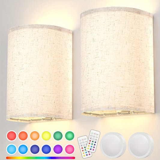 Rechargeable Wall Sconce Set of 2 – Wireless Fabric Shade Wall Light with Remote Control, Magnetic Puck Light, Dimmable CCT or RGB Color, No Wiring for Bedroom Living Room Hallway Decor