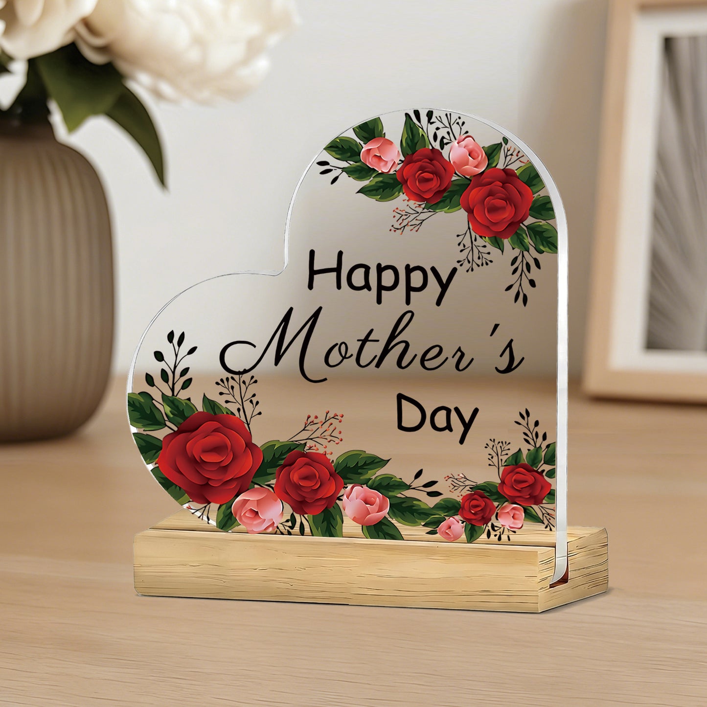 2D Flat, 1pc Floral Happy Mother'S Day Heart-Shaped Acrylic Sign with Wooden Base, Heartwarming Flower Decor for Mom, Perfect Gift for Mother'S Day Celebration, Desktop Ornament for Home Living Room Bedroom
