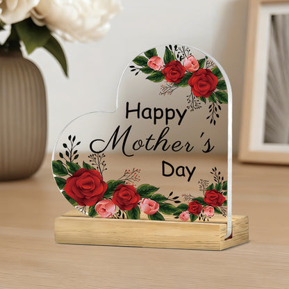 2D Flat, 1pc Floral Happy Mother'S Day Heart-Shaped Acrylic Sign with Wooden Base, Heartwarming Flower Decor for Mom, Perfect Gift for Mother'S Day Celebration, Desktop Ornament for Home Living Room Bedroom