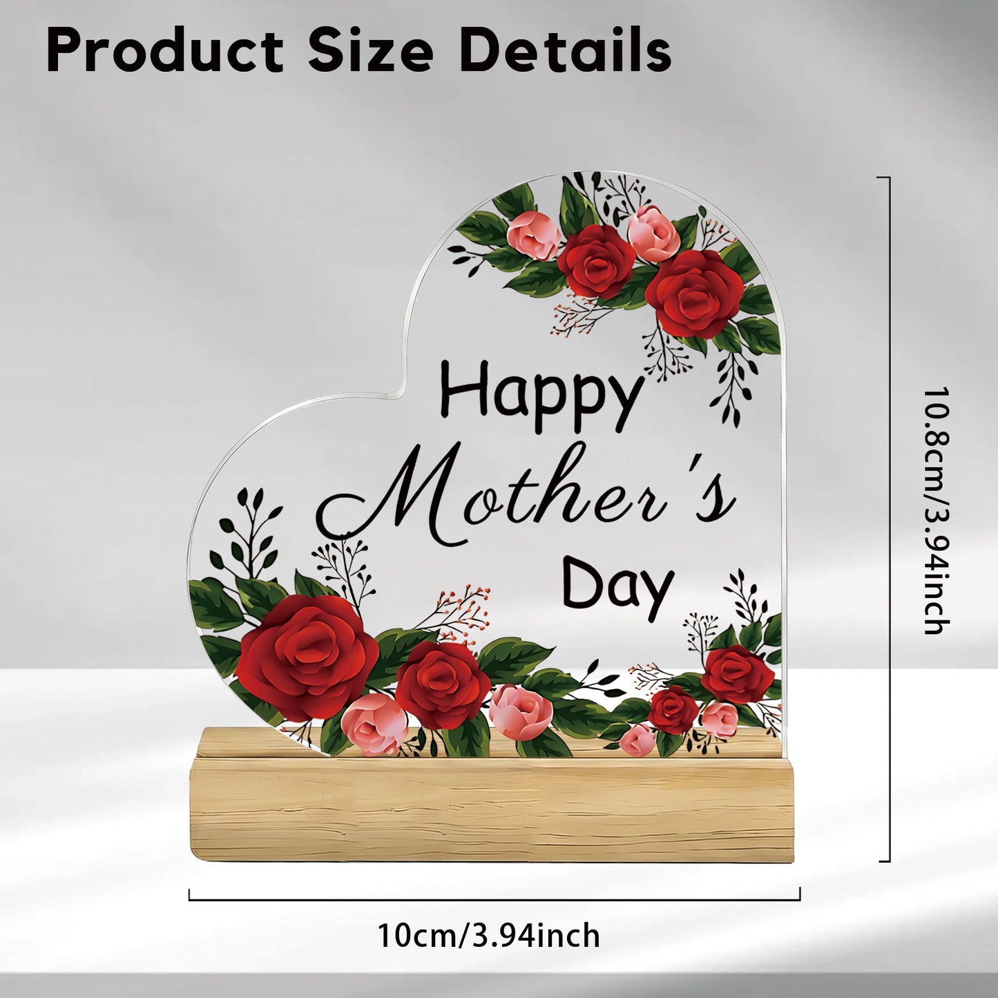 2D Flat, 1pc Floral Happy Mother'S Day Heart-Shaped Acrylic Sign with Wooden Base, Heartwarming Flower Decor for Mom, Perfect Gift for Mother'S Day Celebration, Desktop Ornament for Home Living Room Bedroom