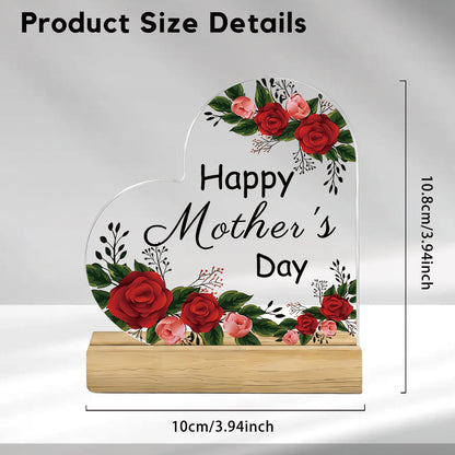 2D Flat, 1pc Floral Happy Mother'S Day Heart-Shaped Acrylic Sign with Wooden Base, Heartwarming Flower Decor for Mom, Perfect Gift for Mother'S Day Celebration, Desktop Ornament for Home Living Room Bedroom