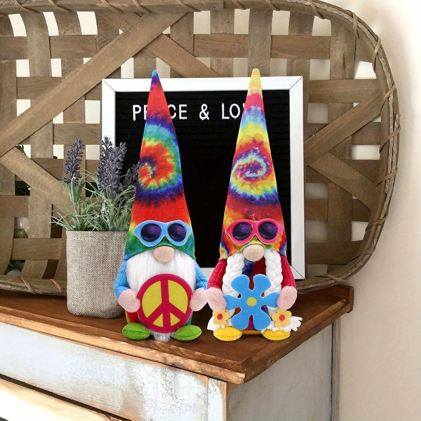 2pcs Hippie Gnomes Groovy Gnome Decorations with Peace Sign Fashion Glasses Spring Tie Dye Tomte Swedish Collectible Figurines Farmhouse Hippy Trippy Room Decor Gift for Friends Family Christmas Halloween Costume Party Ornaments
