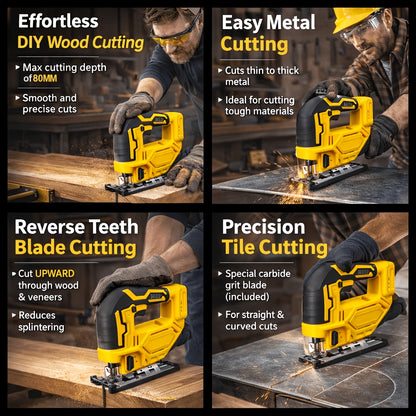 Cordless Jigsaw Compatible with DeWalt 20V Battery - Variable Speed 0-2700 RPM, 80mm Cutting Depth, LED Work Light, 0°-45° Bevel, 3 Orbital Settings for Wood Metal PVC Cutting