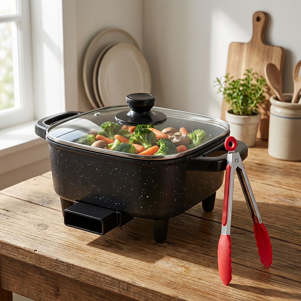 8-Inch Electric Mini Square Pot with Non-Stick Speckled Coating, Transparent Glass Lid & Cool-Touch Handle- Multi-Speed Temp Control, Compact Design for Cooking, Boiling, Stewing-Great for Christmas, New Year, Small Kitchens & Apartments with Tong