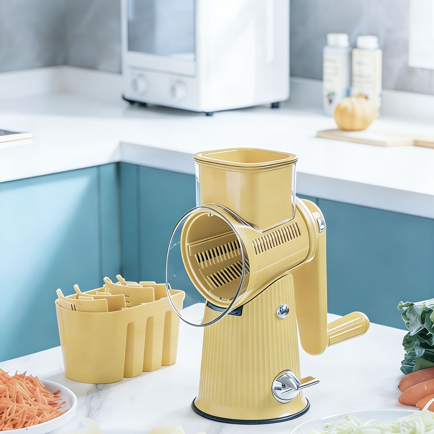 5-in-1 Manual Rotary Cheese Grater With Handle Interchangeable Blades, Easy To Clean Vegetable Slicer Shredder Set Strong Suction Cup Base Ideal For Fruits, Vegetables, And Nuts Multifunctional Kitchen Essential With Suction Cup Stability