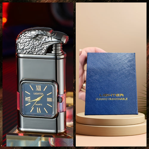 Double Flame Windproof Lighter Creative Retro Metal Lighter Dragon Eagle Gun Shape Quartz Dial Portable Outdoor Lighter Men Gift Box Butane Gas Not Included