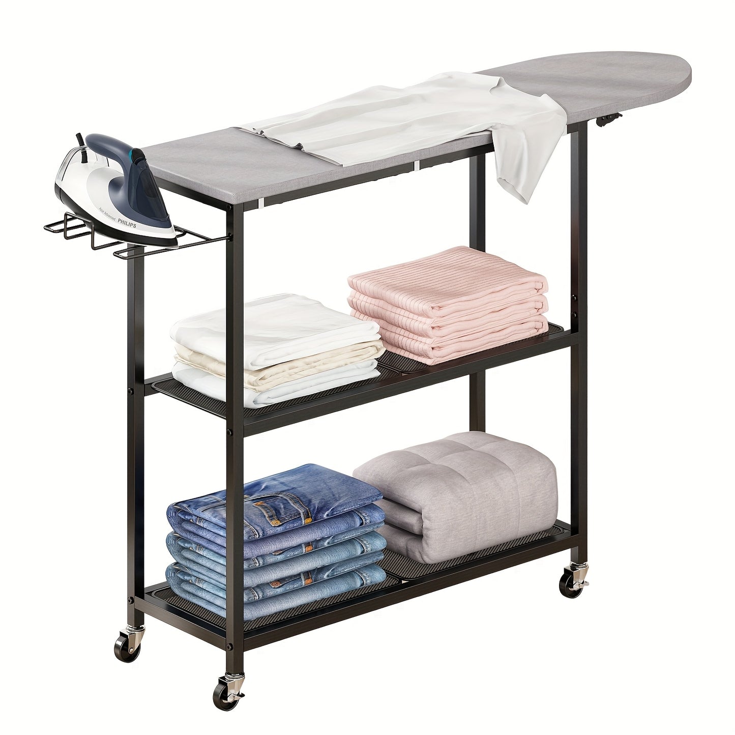 Three Layers Ironing Board Cart with Two Layers Of Shelves, Three Layers Of Movable Ironing Boards, And Multiple Layers Of Shelves with Wheels, Suitable for Storage In Living Rooms, Bedrooms, Courtyards.
