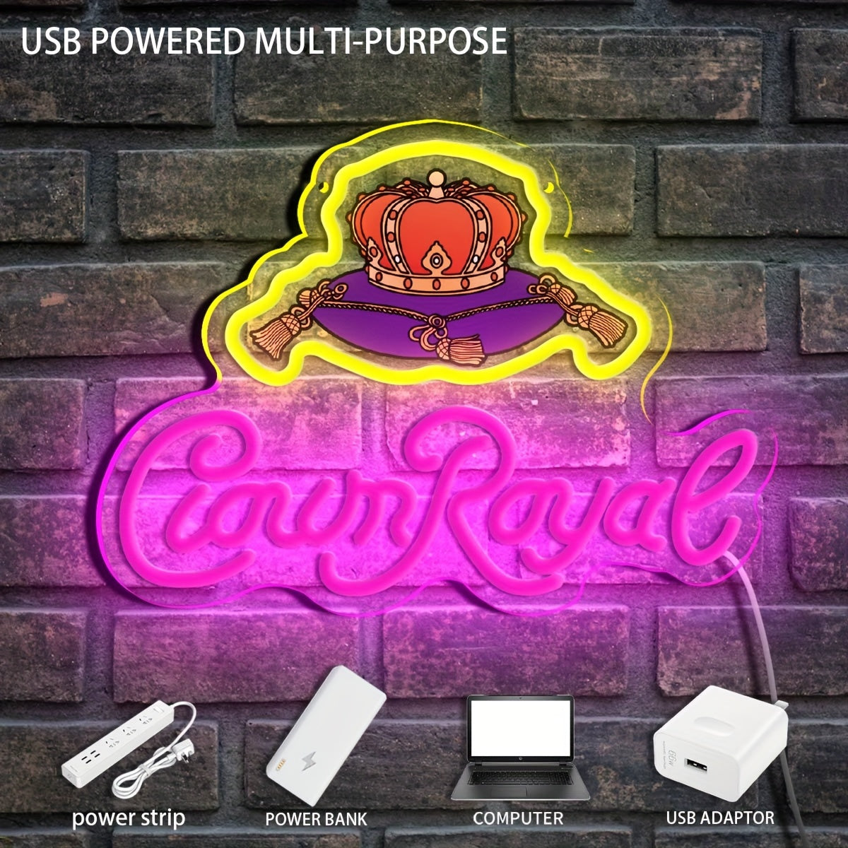 1pc Crown Royal Neon Sign - USB-Powered LED Wall Art with Glow Pendant, Vibrant Pink & Orange UV Print Design, Perfect for Game Studios, Bars, Bedrooms, and Birthday Party Decor, Neon Signs for Wall Decor