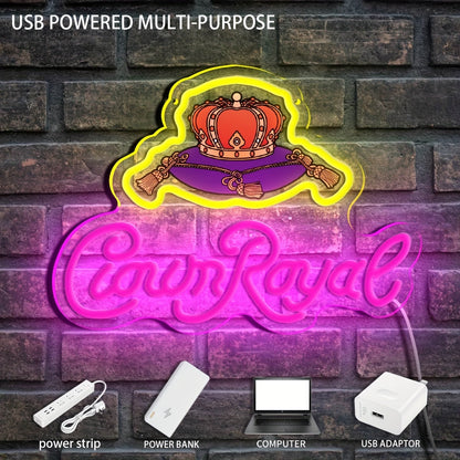 1pc Crown Royal Neon Sign - USB-Powered LED Wall Art with Glow Pendant, Vibrant Pink & Orange UV Print Design, Perfect for Game Studios, Bars, Bedrooms, and Birthday Party Decor, Neon Signs for Wall Decor