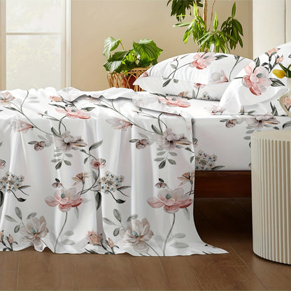 3/4pcs Soft Bed Sheets Set with Fitted Sheet Queen King Full Twin Size, Floral Bedsheet Fitted Sheet Deep Pocket And Pillow Cases, White Pink Green Bedding for Women Girl Men Valentines Day Gift, Home Hotel Machine Washable