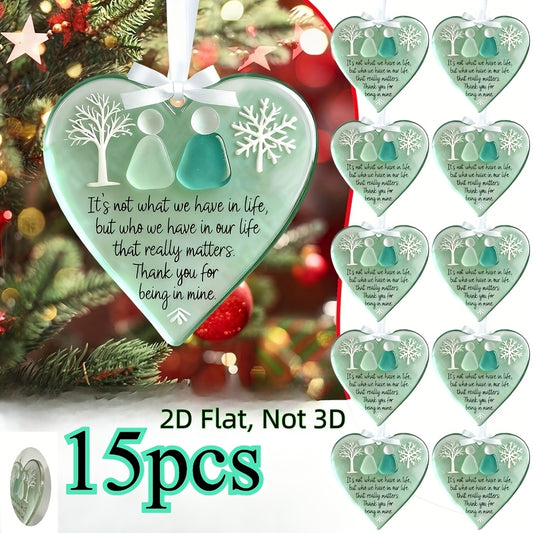 Acrylic Heart Friendship Ornaments 15 Pack – Heart-Shaped Sea Hanging Decor with Inspirational Quote, Christmas Tree Ornaments, Car Charm & Best Friend Gift Set