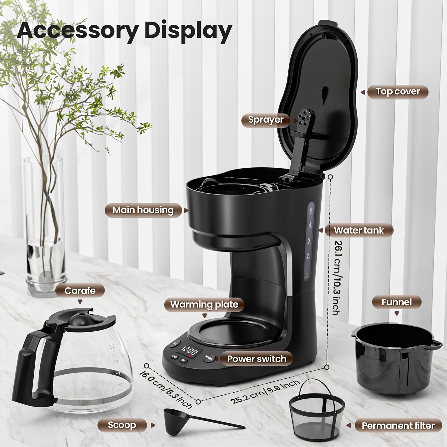 5 Cup Drip Coffee Maker with Coffee Pot, Easy to Operate, Dry Boil Protection, Anti-Drip Function, Auto Shut Off, Small Coffee Maker with 25.36oz Water Tank, for Home & Office, Black