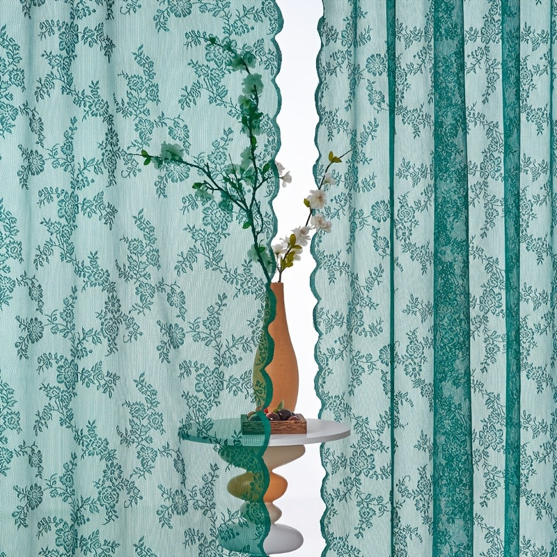 Set of Two White Lace Curtains with Floral Designs, Featuring a Bohemian Style And Semi-Transparent Fabric That Filters Sunlight. Suitable for All Seasons