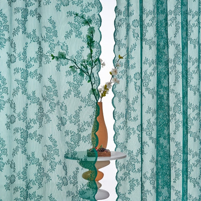 Set of Two White Lace Curtains with Floral Designs, Featuring a Bohemian Style And Semi-Transparent Fabric That Filters Sunlight. Suitable for All Seasons
