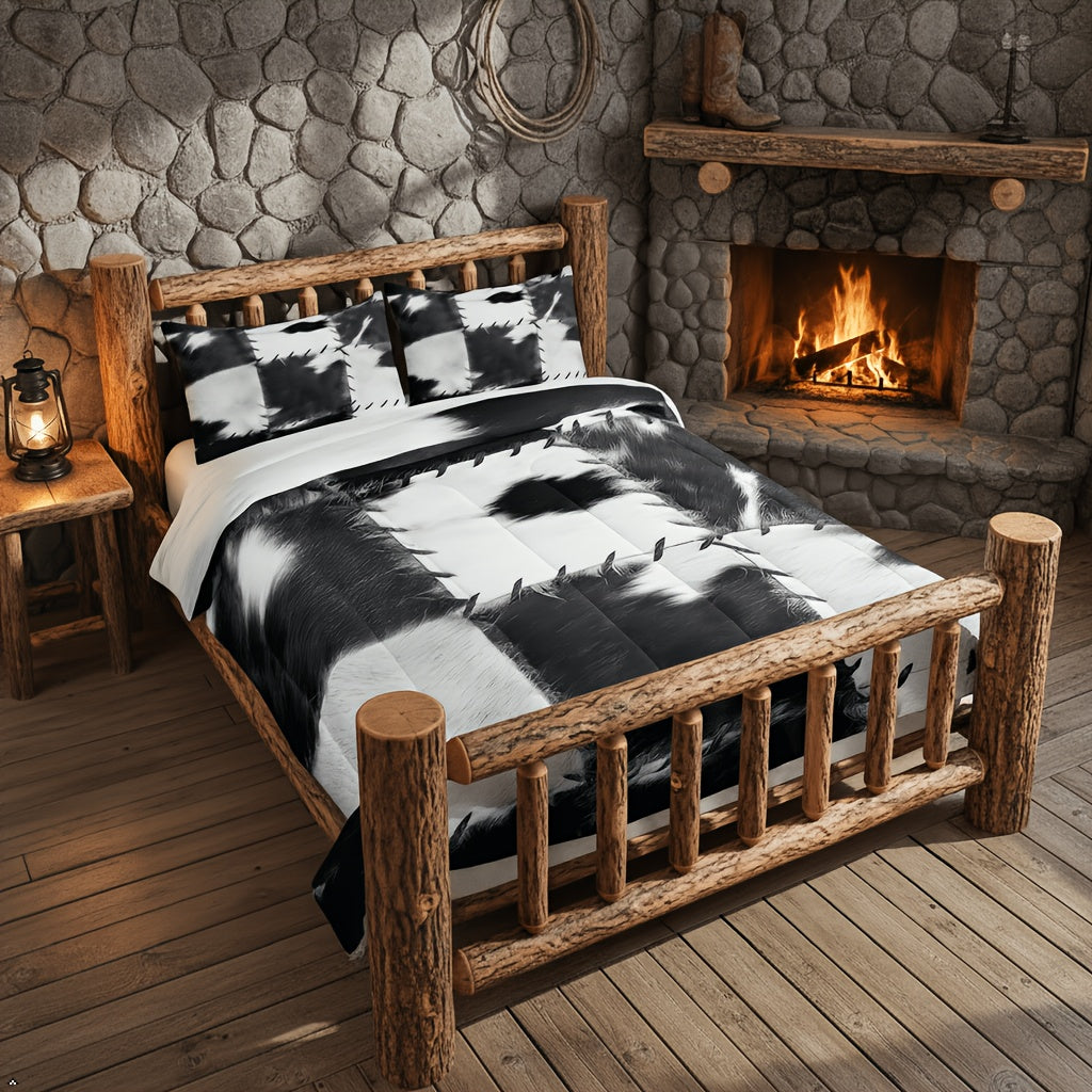 Erosebridal 2/3pcs Cowhide Print Comforter Collection, Imitation Animal Fur Design Bedding, Patchwork Farm Cow Fur Style Bed Set for Guest Rooms, Soft And Cozy Farmhouse Western Cowboy Animal Skin Print Quilt, Grey And White