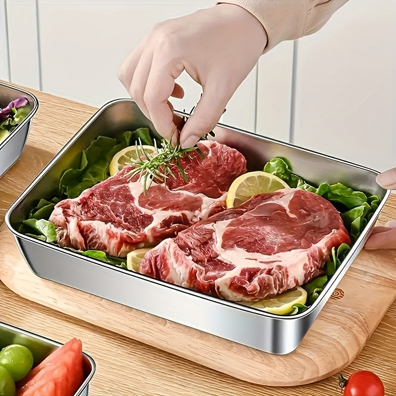 Buy 3 Get 2 Free/Buy 2 Get 1 Free, Total 5/3pcs Stainless Steel Food Storage Containers - Durable Baking Trays with Free Lids, Reusable, Suitable for Picnics, Meal Prep, Refrigerator Organization And Kitchen Essentials | Easy to Clean