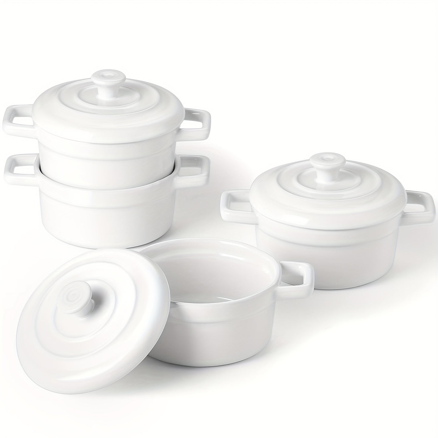 Set of 4 Mini Cocotte - 12Oz Ceramic Casserole Dishes - Kitchen Casserole Sets Featuring Handles And Lids - Small Baking Ramekins - Safe for Oven, Microwave & Dishwasher - Red