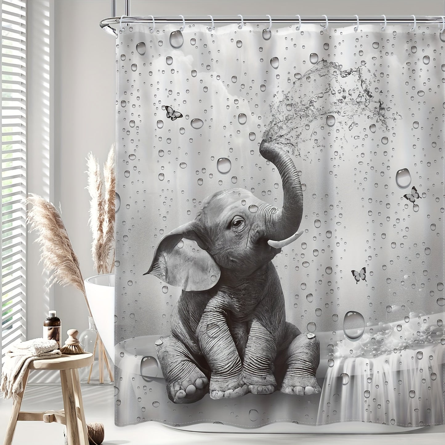 1pc/4pcs - Funny Elephant Shower Curtain Set, Shower Curtain with 12 Plastic Hooks, Bathroom Anti-slip Floor Mat, Toilet U-Shaped Mat, Cover Mat, African Animals Playing In Water Cute Wild Butterfly Raindrops Wildlife Bath Decor Home Decor